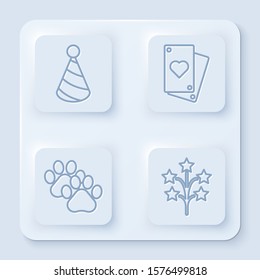 Set line Party hat, Playing card, Paw print and Fireworks. White square button. Vector