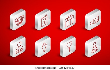 Set line Party hat, Postcard with heart, Gift box, Birthday party horn, Balloons in form of, Clown head, Ice cream waffle cone and Woman dress icon. Vector