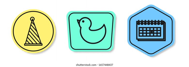 Fijar la línea de sombrero, pato de caucho y calendario. Formas coloreadas. Vector