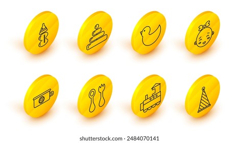 Set line Party hat, Toy train, Baby cutlery with fork and spoon, potty, Happy little girl head, Rubber duck, Pyramid toy and bottle icon. Vector