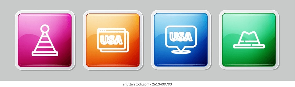 Set line Party hat, USA on browser, Independence day and Man with ribbon. Colorful square button. Vector