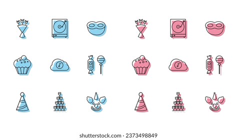 Set line Party hat, Wine glasses stacked in pyramid tower, Bouquet of flowers, Clown head, Music streaming service, Lollipop, Muffin and Vinyl player with vinyl disk icon. Vector