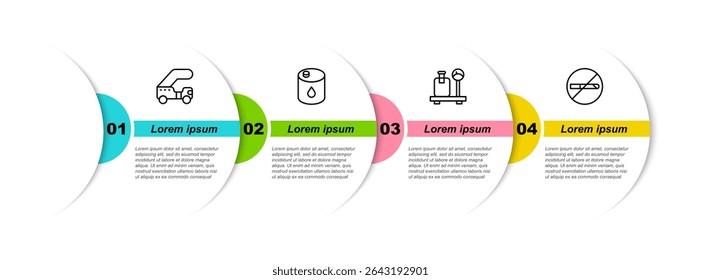 Set line Passenger ladder, Barrel oil, Scale with suitcase and No Smoking. Business infographic template. Vector