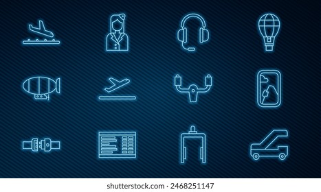 Set line Passenger ladder for plane boarding, Airplane window, Headphones with microphone, Plane takeoff, Airship, landing, Aircraft steering helm and Stewardess icon. Vector