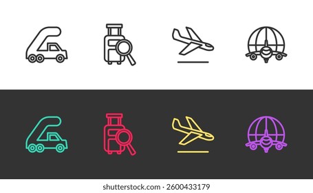 Set line Passenger ladder for plane boarding, Lost baggage, Plane landing and Globe with flying on black and white. Vector