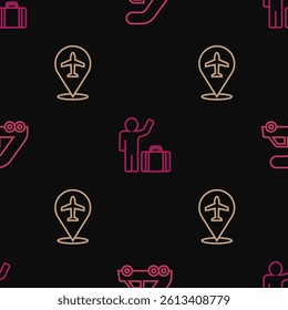 Set line Passenger ladder for plane boarding, Plane and Tourist with suitcase on seamless pattern. Vector