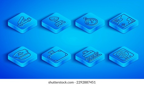 Set line Passenger ladder, Radar, Barometer, Suitcase, Conveyor belt with suitcase, World travel map, Pilot hat and Attitude indicator icon. Vector