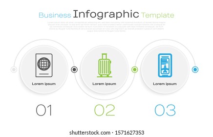 Set Line Passport With Biometric Data, Suitcase For Travel And Smartphone With Electronic Boarding Pass Airline Ticket. Business Infographic Template. Vector