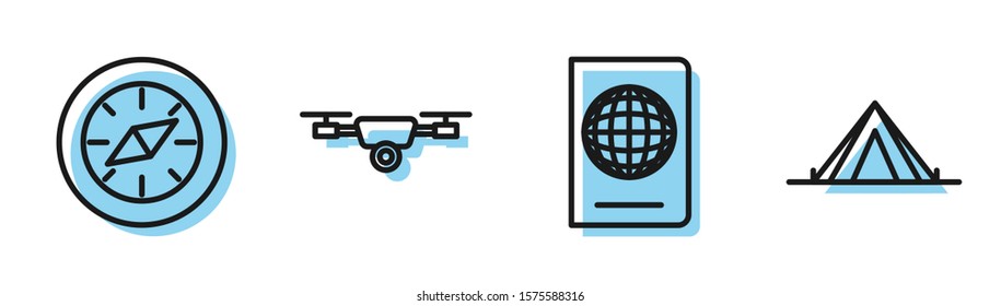 Set line Passport with biometric data, Compass, Drone flying with action video camera and Tourist tent icon. Vector