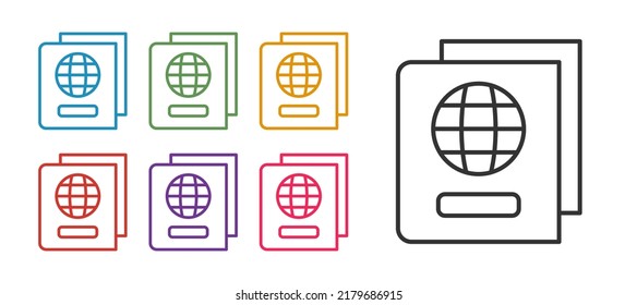 Establezca la línea Passport con el icono de datos biométricos aislado en el fondo blanco. Documento de identificación. Indique los iconos en colores. Vector