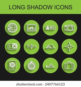 Set line Passport with biometric data, Globe flying plane, Tourist tent wood fire, Suitcase for travel, Plane, Wind rose and  icon. Vector