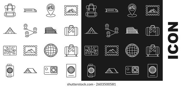 Set line Passport with biometric data, Suitcase for travel and stickers, Map pointer Egypt pyramids, Route location, Tourist tent, Hiking backpack and Coliseum Rome, Italy icon. Vector