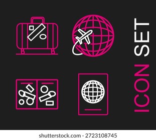 Definir linha Passaporte com dados biométricos, páginas carimbos visto, globo avião voador e mala para viagem e ícone de adesivos. Vetor