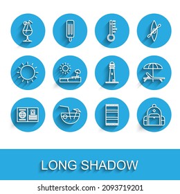 Set line Passport, Coconut cocktail, Cocktail and alcohol drink, Beach towel, Hiking backpack, with umbrella chair, Sunbed and Lighthouse icon. Vector