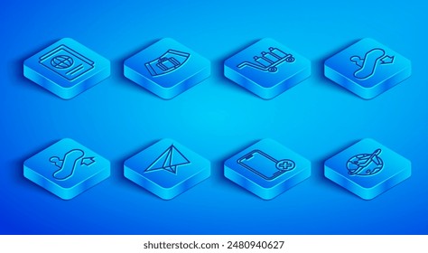 Set line Passport, Conveyor belt with suitcase, Trolley baggage, Paper airplane, No cell phone, Escalator down, up and Globe flying icon. Vector