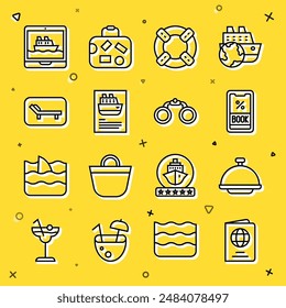 Set line Passport, Covered with tray, Cruise ticket, Lifebuoy, ship, Sunbed and umbrella,  and Binoculars icon. Vector