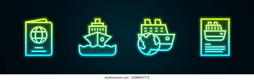 Set line Pasaporte, Crucero, y . Icono de neón brillante. Vector