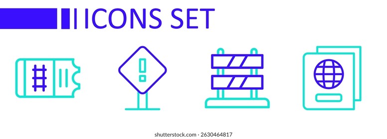 Set line Passport, End of railway tracks, Exclamation mark in square and Train ticket icon. Vector