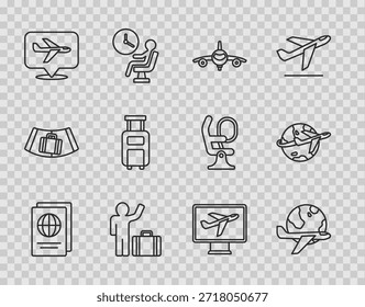 Establecer línea Pasaporte, Globo con avión volador, Avión, Maleta turística, Maleta e icono. Vector