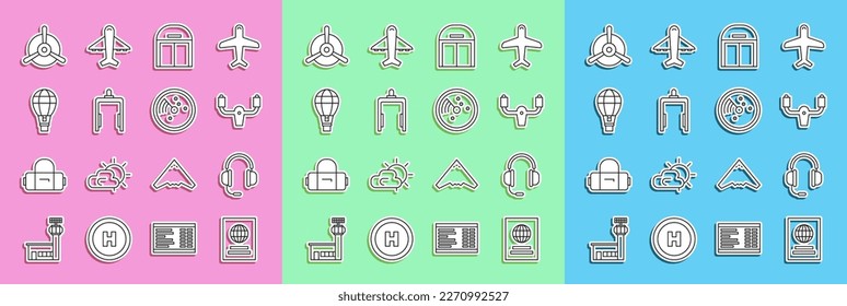 Set line Passport, Headphones with microphone, Aircraft steering helm, hangar, Metal detector airport, Hot balloon, Plane propeller and Radar targets monitor icon. Vector