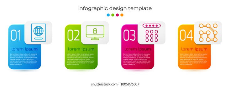 Set line Passport, Lock on computer monitor, Password protection and Graphic password protection. Business infographic template. Vector