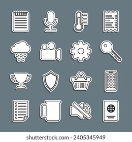 Set line Passport, Mobile Apps, Key, Thermometer, Movie Video camera, Cloud with rain, Notebook and Cogwheel gear settings icon. Vector