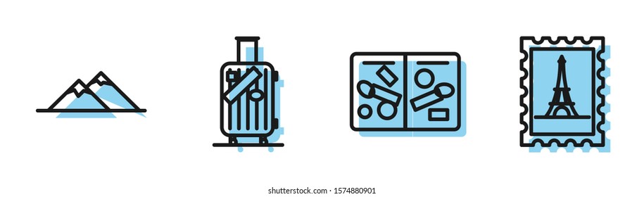 Set line Passport pages with visa stamps, Mountains, Suitcase for travel and stickers and Postal stamp and Eiffel tower icon. Vector