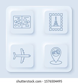 Set line Passport pages with visa stamps, Postal stamp and Eiffel tower, Plane and Map pointer with Egypt pyramids. White square button. Vector