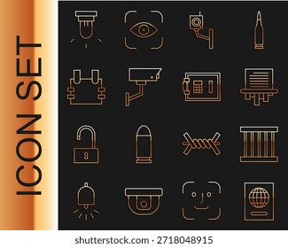 Pasaporte de línea, ventana de la prisión, trituradora de papel, cámara de seguridad, chaleco antibalas, sensor de movimiento e icono de seguridad. Vector
