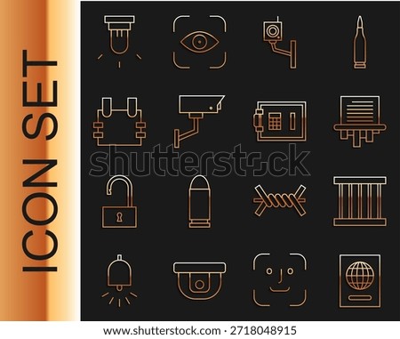 Set line Passport, Prison window, Paper shredder, Security camera, Bulletproof vest, Motion sensor and Safe icon. Vector