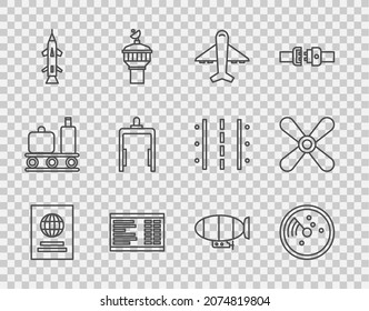 Establezca la línea Passport, Radar con objetivos en monitor, avión, placa de aeropuerto, cohete, detector de metales en aeropuerto, Airship y icono de hélice. Vector