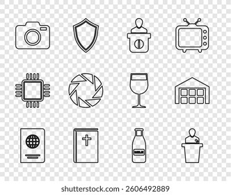 Set line Passport, Speaker, Information desk, Holy bible book, Photo camera, Camera shutter, Glass bottle milk and cap and Warehouse icon. Vector