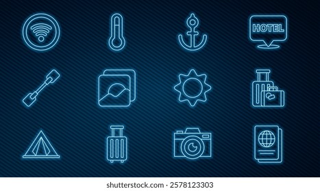 Set line Passport, Suitcase, Anchor, Photo, Paddle, Wi-Fi wireless internet network, Sun and Meteorology thermometer icon. Vector