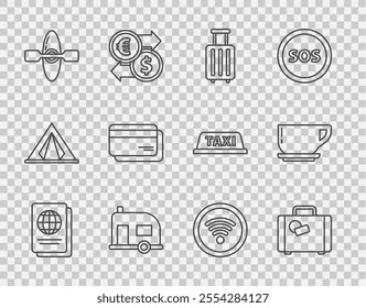 Set line Passport, Suitcase, Rv Camping trailer, Kayak canoe, Credit card, Wi-Fi wireless internet network and Coffee cup icon. Vector