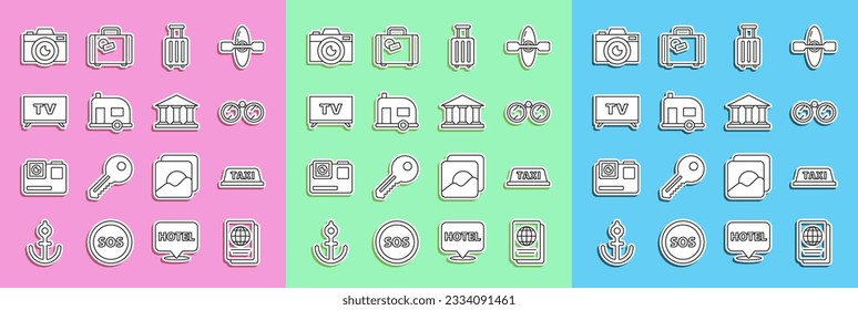 Set line Passport, Taxi car roof, Binoculars, Suitcase, Rv Camping trailer, Smart Tv, Photo camera and Museum building icon. Vector