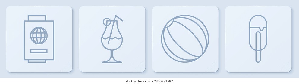 Set line Passport with ticket, Beach ball, Cocktail and alcohol drink and Ice cream. White square button. Vector