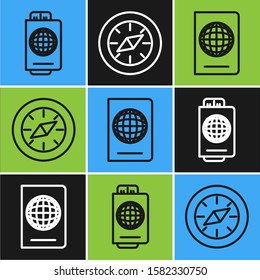 Set line Passport with ticket, Passport with biometric data and Compass icon. Vector
