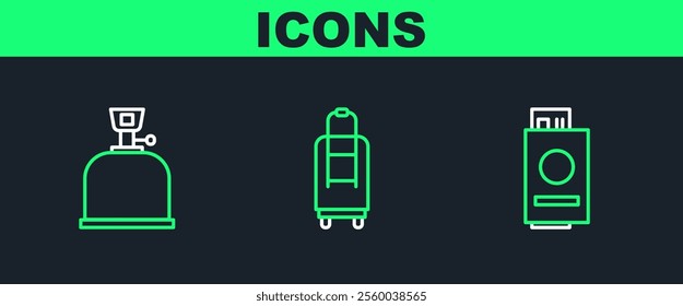 Set line Passport with ticket, Camping gas stove and Suitcase icon. Vector
