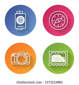 Set line Passport with ticket, Compass, Photo camera and Postal stamp and Coliseum. Color circle button. Vector