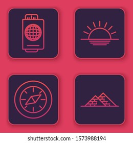 Set line Passport with ticket, Compass, Sunset and Egypt pyramids. Blue square button. Vector