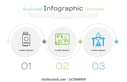 Set line Passport with ticket, Folded map with location and Campfire and pot. Business infographic template. Vector