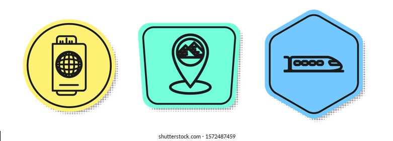 Set line Passport with ticket, Map pointer with Egypt pyramids and Train. Colored shapes. Vector