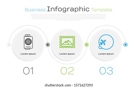 Set line Passport with ticket, Postal stamp and Mountains and Globe with flying plane. Business infographic template. Vector