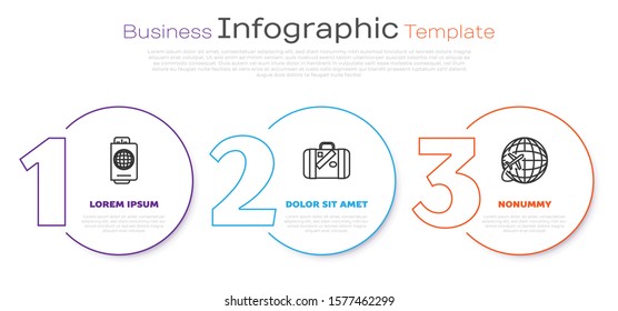 Set line Passport with ticket, Suitcase for travel and stickers and Globe with flying plane. Business infographic template. Vector