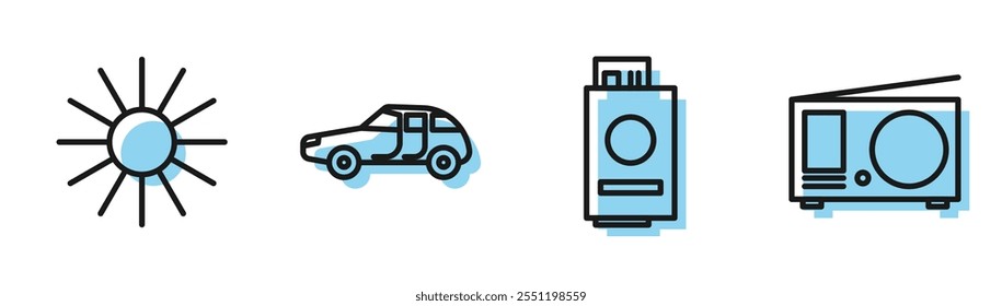 Definir linha Passaporte com bilhete, Sol, Carro e Rádio com ícone de antena. Vetor