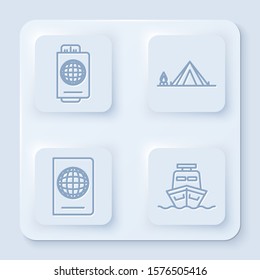 Set line Passport with ticket, Tourist tent with wood fire, Passport with biometric data and Ship. White square button. Vector