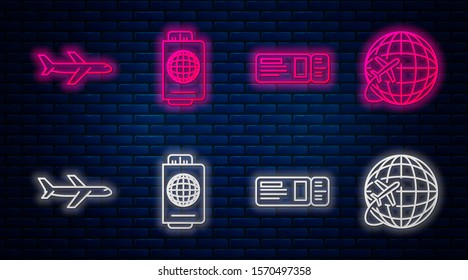 Set line Passport with ticket, Travel ticket, Plane and Globe with flying plane. Glowing neon icon on brick wall. Vector