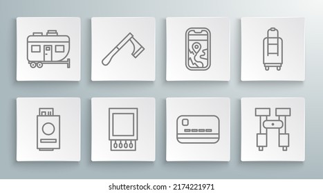 Set line Passport with ticket, Wooden axe, Open matchbox and matches, Credit card, Binoculars, City map navigation, Suitcase and Rv Camping trailer icon. Vector