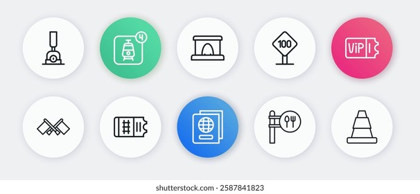 Set line Passport, Train ticket, Flag, Cafe and restaurant location, Speed limit traffic sign 100 km, Railway tunnel, Traffic cone and  icon. Vector