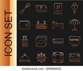 Set line Passport with visa stamp, Location hotel, Sun protective umbrella for beach, Airline ticket, Signboard text Hotel, Wallet, Paddle and Bed icon. Vector